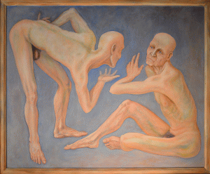 The Age of Self Reflection, two nude, old men in a study of the relation of complex forms of the figures to the shapes of a neutral background.