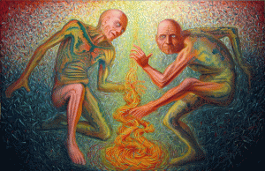 , the same man in two states: one contemplating his condition and abilities, and the other actualizing them and challenging the viewer to do likewise.