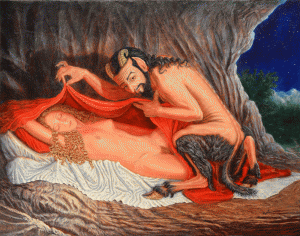 Between Purity and Passion, the satyr and the beautiful maiden in the cave by Richard D Serros.
