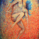Firedance, a dynamic figure coming out of the background with complementary colors weaving over and through the entire surface.