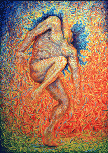Firedance, a dynamic figure coming out of the background with complementary colors weaving over and through the entire surface.