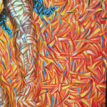 Firedance (arm detail), a dynamic figure coming out of the background with complementary colors weaving over and through the entire surface.