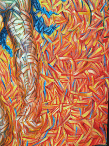 Firedance (arm detail), a dynamic figure coming out of the background with complementary colors weaving over and through the entire surface.