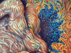Firedance (neck and chest detail), a dynamic figure coming out of the background with complementary colors weaving over and through the entire surface.