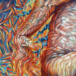 Firedance (right torso detail), a dynamic figure coming out of the background with complementary colors weaving over and through the entire surface.