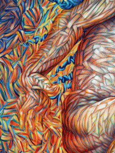 Firedance (right torso detail), a dynamic figure coming out of the background with complementary colors weaving over and through the entire surface.