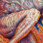 Firedance (leg and thigh detail), a dynamic figure coming out of the background with complementary colors weaving over and through the entire surface.