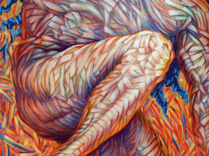 Firedance (leg and thigh detail), a dynamic figure coming out of the background with complementary colors weaving over and through the entire surface.
