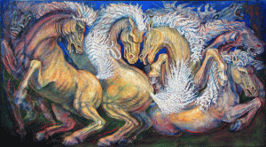 Freedom, wild horses, exhibiting at the extreme upper left is terror, and at the lower right is repose, with anxiety, turmoil, escape and release in between.