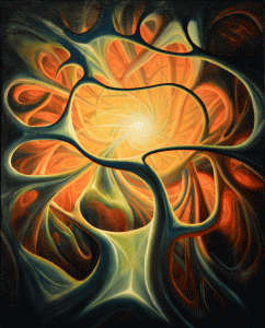 Order of the Mind a color filled, swirl of interconnecting filaments with a central burst of energy is reminiscent of the anatomy of a cellular synapse.