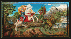 Psychomachia (waterfall detail) painting, St. George and the dragon against a misty, detail filled landscape with flowing water and snow capped mountains.