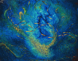 The Depths II painting with the theme of an undersea world contains vibrant colorful brushwork in blues, greens, yellows and reds produces a 3-D effect.