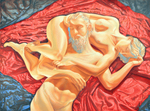 Sleep Of Days depicting a male and female nude entwined in sleep. The red drapery symbolizes their passion and the blue, the nature of the night.